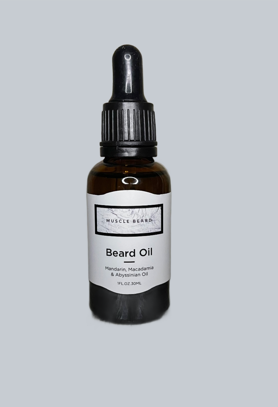 MuscleBeard Beard oil made in Australia, brown glass bottle with black lid, with oil dripper